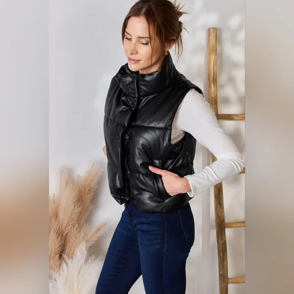 Love Tree Designer Black Faux Leather Snap and Zip Closure Puffy Vest Coat
